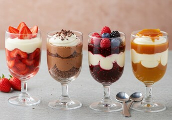 Four delicious desserts in tall glasses with fresh fruit and toppings