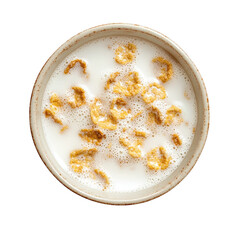Bowl of cornflakes with milk isolated on transparent background, capturing the classic breakfast cereal with golden flakes and creamy milk, ideal for food and nutrition themes