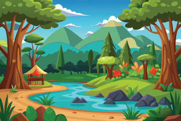 Serene riverbank scene surrounded by lush greenery under a bright blue sky in a tranquil landscape
