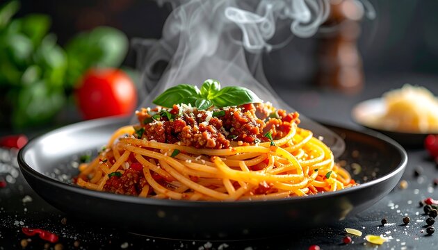 A plate of steaming spaghetti with meat sauce