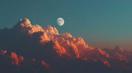 Vast clouds, sunset hues, full moon