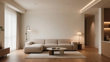 Modern minimalist living room with neutral tones, wooden flooring, and soft lighting