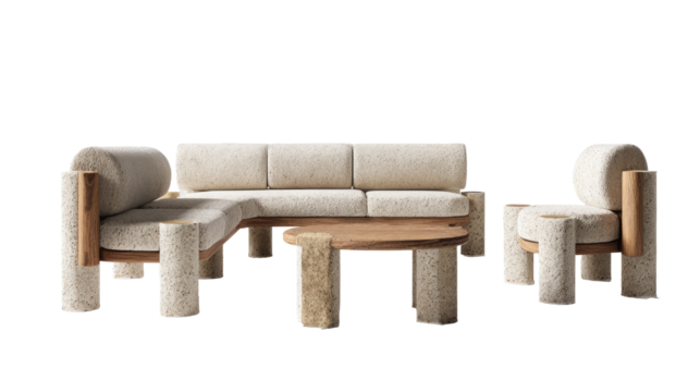 Beige sectional sofa set with wooden accents