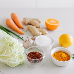 food ingredient for cooking carrot orange lemon ginger spices onion garlic salt  - cooking