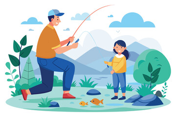 Father and daughter enjoy a peaceful fishing trip by the lake surrounded by nature