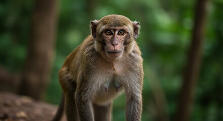 Fototapeta premium Rhesus macaque monkey in a natural habitat looking at camera.