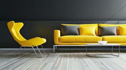 Modern Yellow Sofa and Chair in Stylish Living Room with Dark Wall and Light Wood Floor