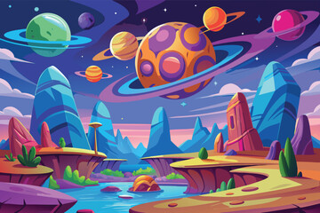 Naklejka premium Colorful fantasy landscape with planets and mountains during twilight