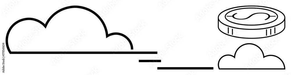 Poster line art cloud connected to a floating coin, representing cloud computing, fintech integration, and 