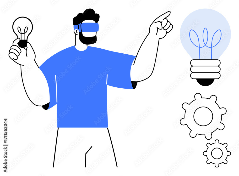 Poster man wearing virtual reality headset holding a lightbulb, pointing at an illuminated idea icon with g