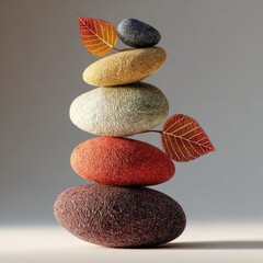 Stacked stones, autumnal hues, and leaves