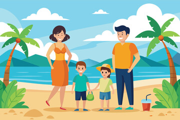 Family enjoying a sunny day at the beach with palm trees and ocean view