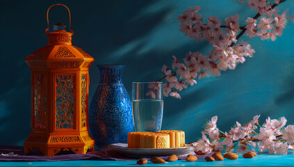 Traditional  mid autumn festival still life with cake and lantern