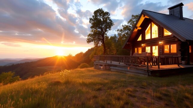 Wooden mountain cabin enjoying a beautiful sunset over the valley