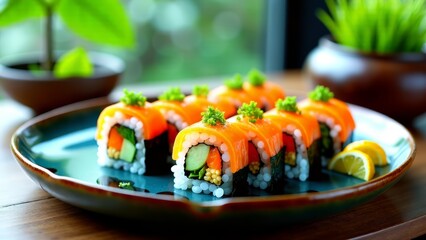 Vegan sushi rolls on minimalist plate