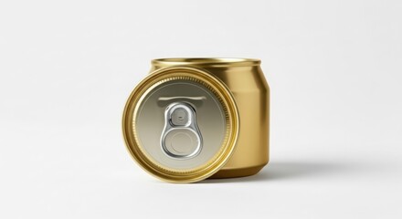 Golden soda can with open tab on white background