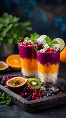 smoothie food shot with berries, bananas, kiwi, and colorful layers