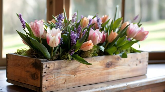 Colorful tulips and grape hyacinths overflowing rustic wooden box - Powered by Adobe