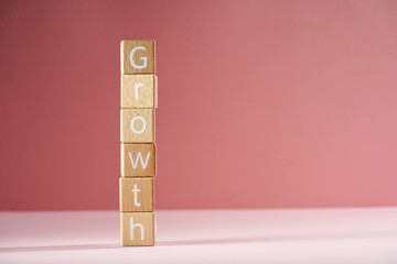 Wood Block with text Growth against pink background.