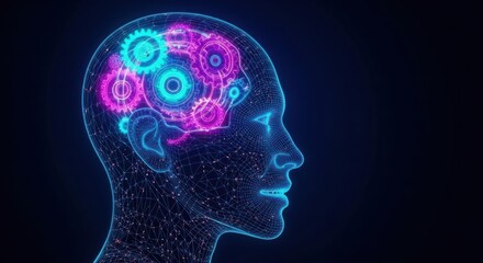 Futuristic digital brain with glowing gears and circuits