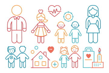 Illustration of family members and symbols representing health, love, and home in warm colors
