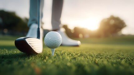 A close-up view of a golfer preparing to swing a club at a ball on a course with morning sunlight