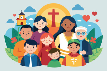 Fototapeta premium Family gathering in a colorful church setting with diverse individuals celebrating love and faith
