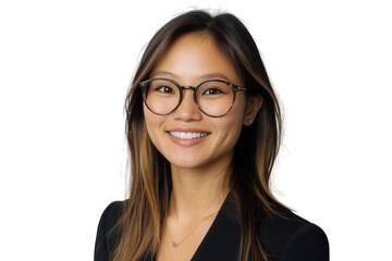 A smiling asian woman with glasses isolated on transparent background, radiating confidence and professionalism, ideal for business, corporate, and lifestyle projects