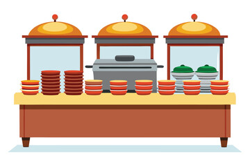 Fototapeta premium Buffet setup with warm dishes and colorful bowls in a casual dining setting