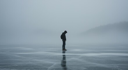 A solitary figure stands on a vast expanse of frozen lake, shrouded in a heavy fog, evoking a sense of solitude and introspection.