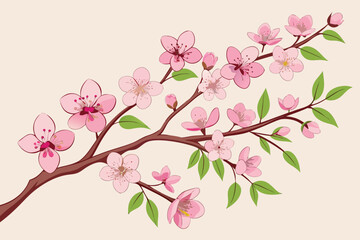 Pink cherry blossom branch with delicate flowers and green leaves against a light background in spring