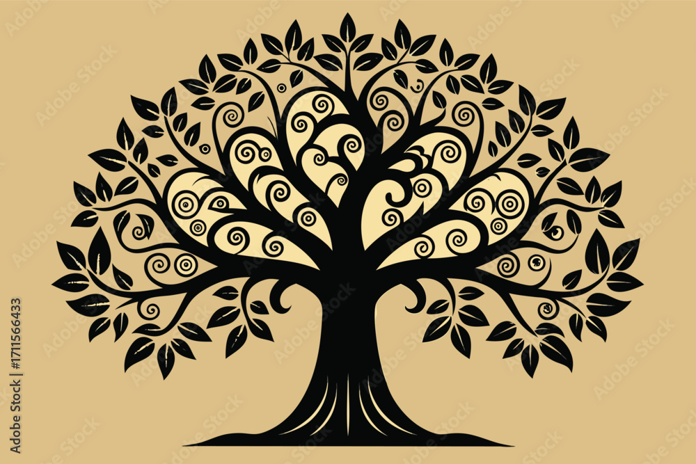 Poster intricate black tree design with swirling patterns and leaves on a beige background