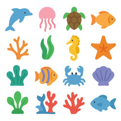 Naklejka premium Oceanic Wonders: A vibrant collection of marine life illustrations, featuring a diverse array of sea creatures and aquatic elements, perfectly captures the beauty and diversity of the ocean.