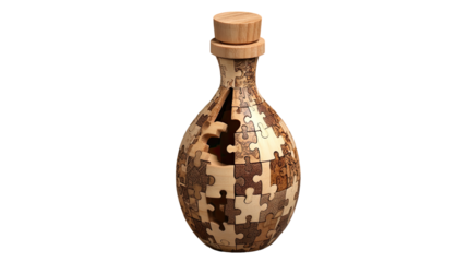 Wooden puzzle bottle, intricately carved with jigsaw pieces