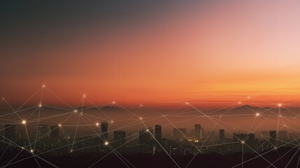 grid. Abstract city skyline with glowing connection lines, set against a gradient-lit atmospheric backdrop. real-estate listings.