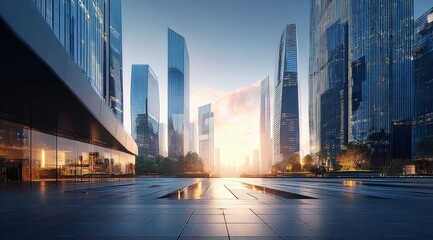 Modern glass skyscrapers in a city plaza at sunrise with reflective surfaces and urban architecture