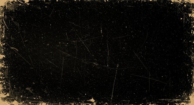 Distressed Black Grunge Background with Vintage Sepia Border, Scratches, and Dust Particles for an Aged Aesthetic.