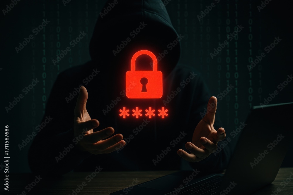 Poster mysterious figure in a hoodie with a digital lock symbol representing cybersecurity and protection