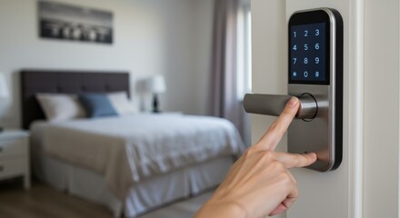 Entering password on digital touchscreen keypad door lock for secure access