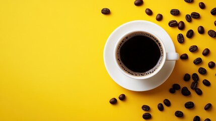 White cup of black coffee with roasted beans on yellow background hot drink close up morning energy scene