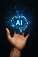 Hand Holding Illuminated Brain with AI Concept and Circuit Pattern on Dark Background
