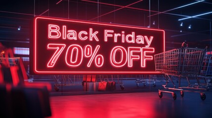 Neon sign Black Friday sale 70 percent off glowing light with shopping cart in dark store background