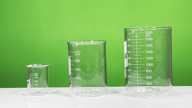 Three empty glass beakers of different sizes on white surface with green background