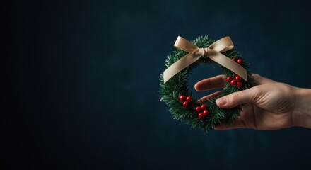 Woman hand holding a small festive Christmas wreath with red berries and a golden bow. Holiday decoration or gift idea for winter celebration.