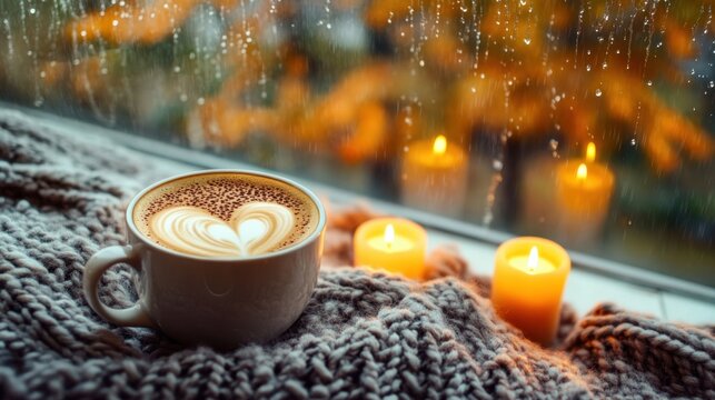 Warm coffee cup with heart foam, candles and knitted blanket by rainy autumn window cozy atmosphere