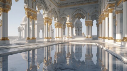 Fototapeta premium White marble palace with golden columns and arches reflected in clear water elegant architecture landmark