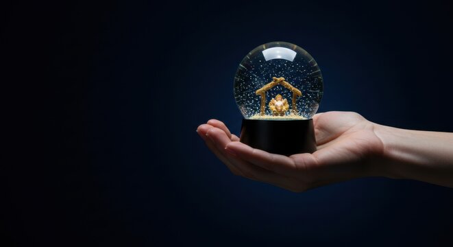 Woman holding a snow globe with a miniature Nativity scene inside. Christmas holiday and religious celebration for card design. - Powered by Adobe