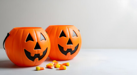 Two orange jack o lantern candy buckets with candy corn on a white surface
