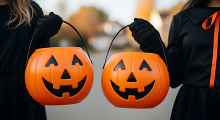 Two jack o lantern buckets held by costumed figures ready for trick or treating