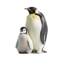 Fototapeta premium Emperor penguin adult and chick standing together on clean transparency background, tender scene showing parental care and soft downy chick next to large protective bird